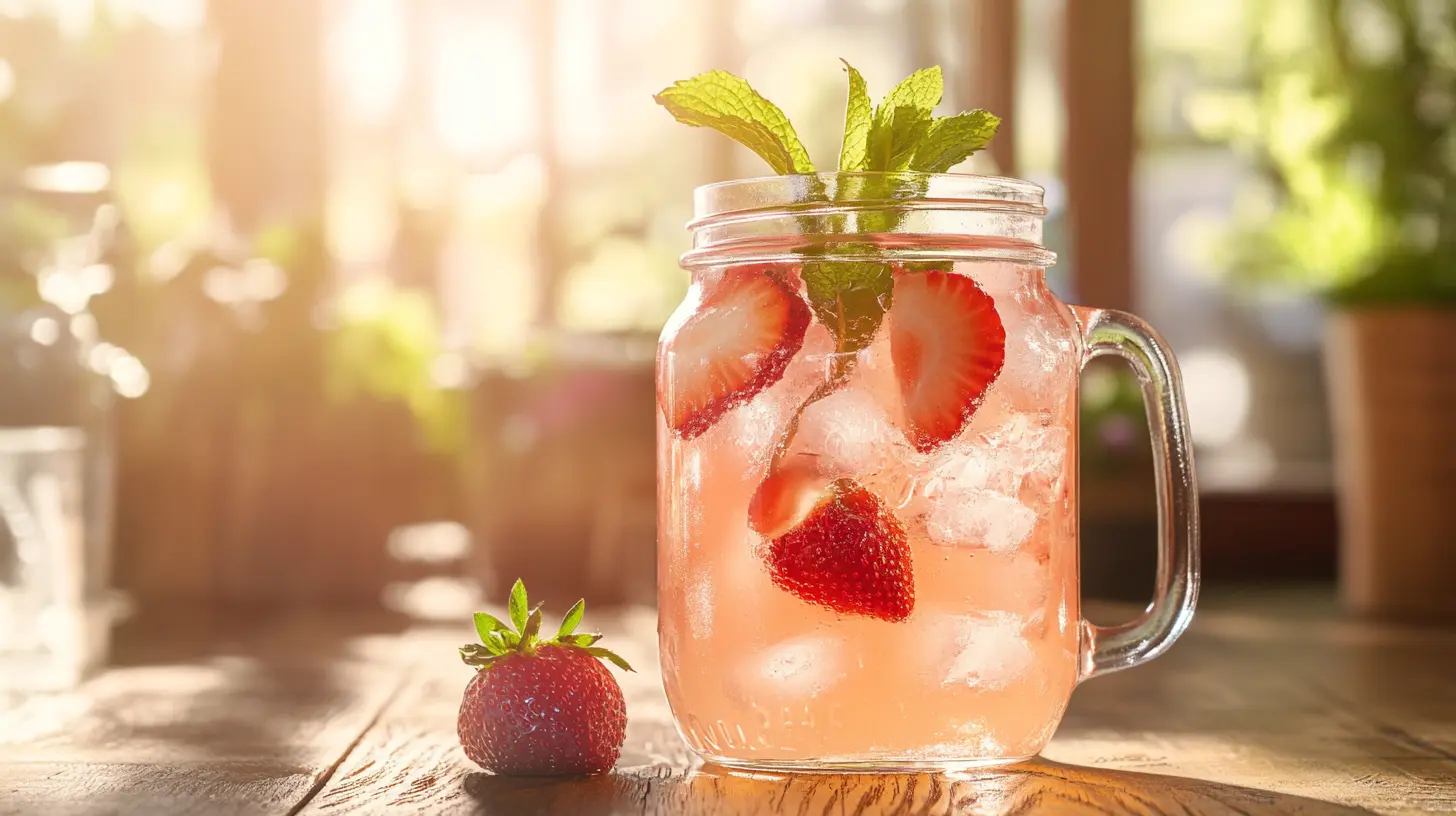 A refreshing glass of homemade Pink Drink with strawberries and ice