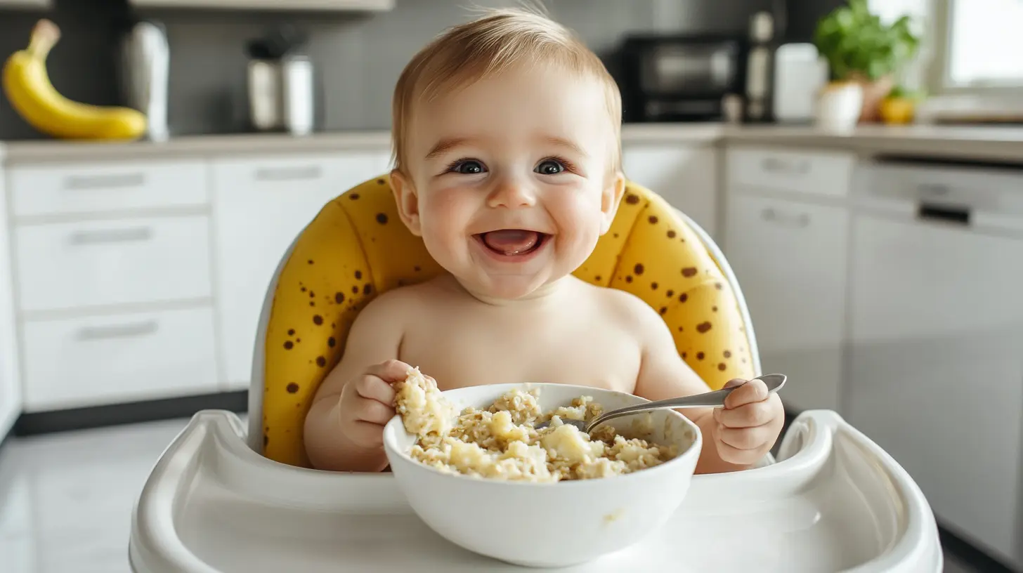 A healthy baby enjoying a bowl of oatmeal with fruit puree.