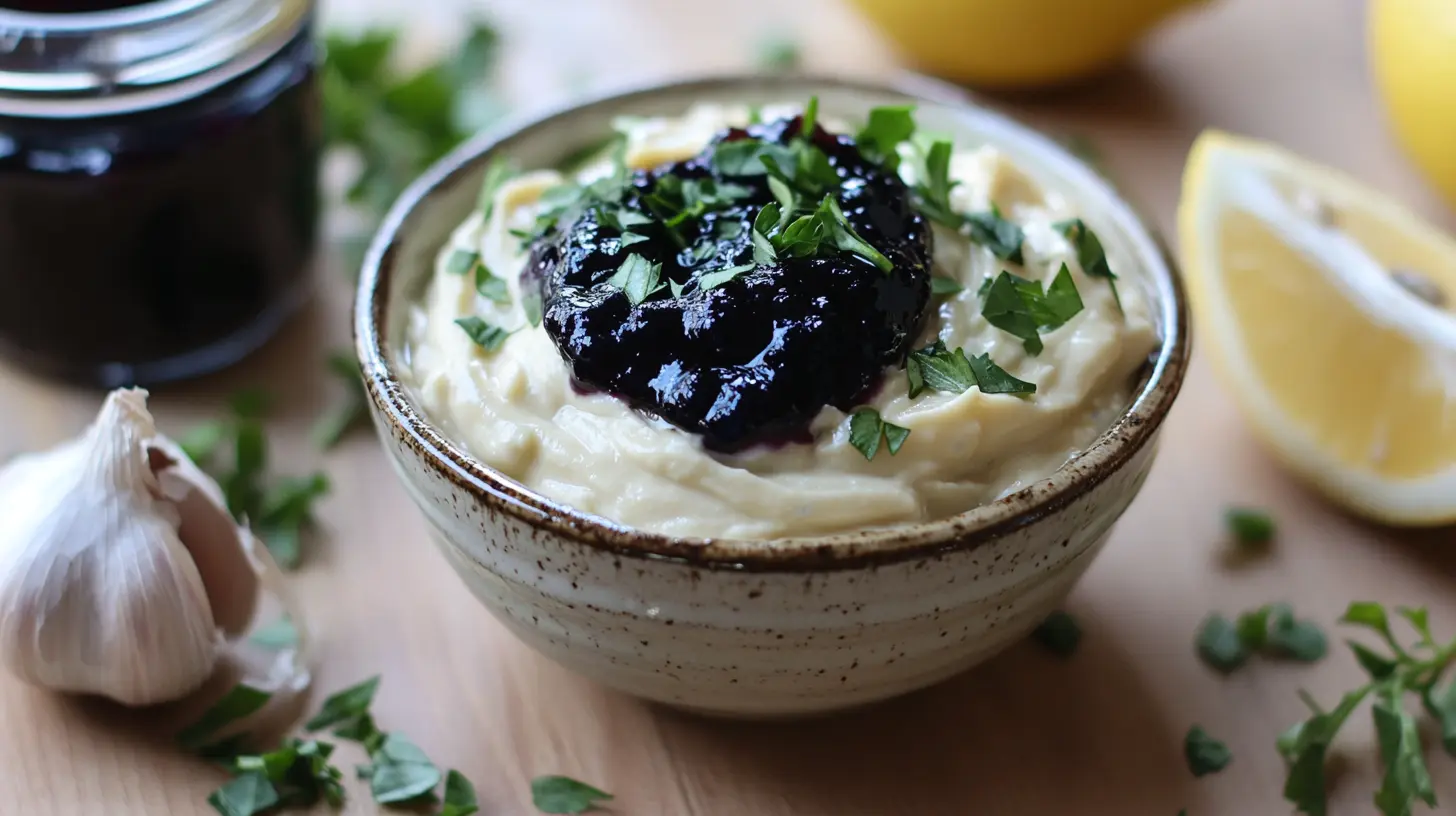 A small bowl of Blue Jam Garlic Aioli surrounded by fresh ingredients.