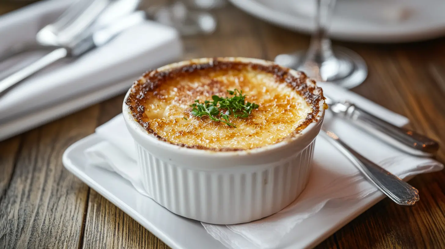 A luxurious crab brulee served in a ramekin with a caramelized topping.