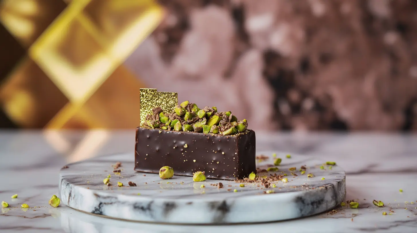 A luxurious Dubai chocolate bar with nuts, dates, and gold leaf.