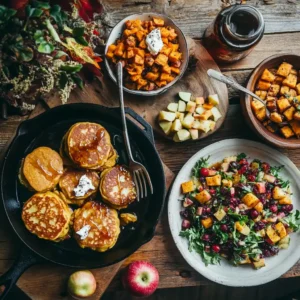 Gluten-free Thanksgiving brunch spread with pancakes, sweet potato hash, and cranberry apple salad on a rustic autumn-themed table.