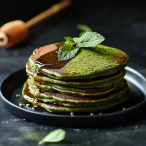 Vibrant green matcha protein pancakes stacked on a sleek black plate, dusted with matcha powder, drizzled with honey, and garnished with fresh mint leaves.