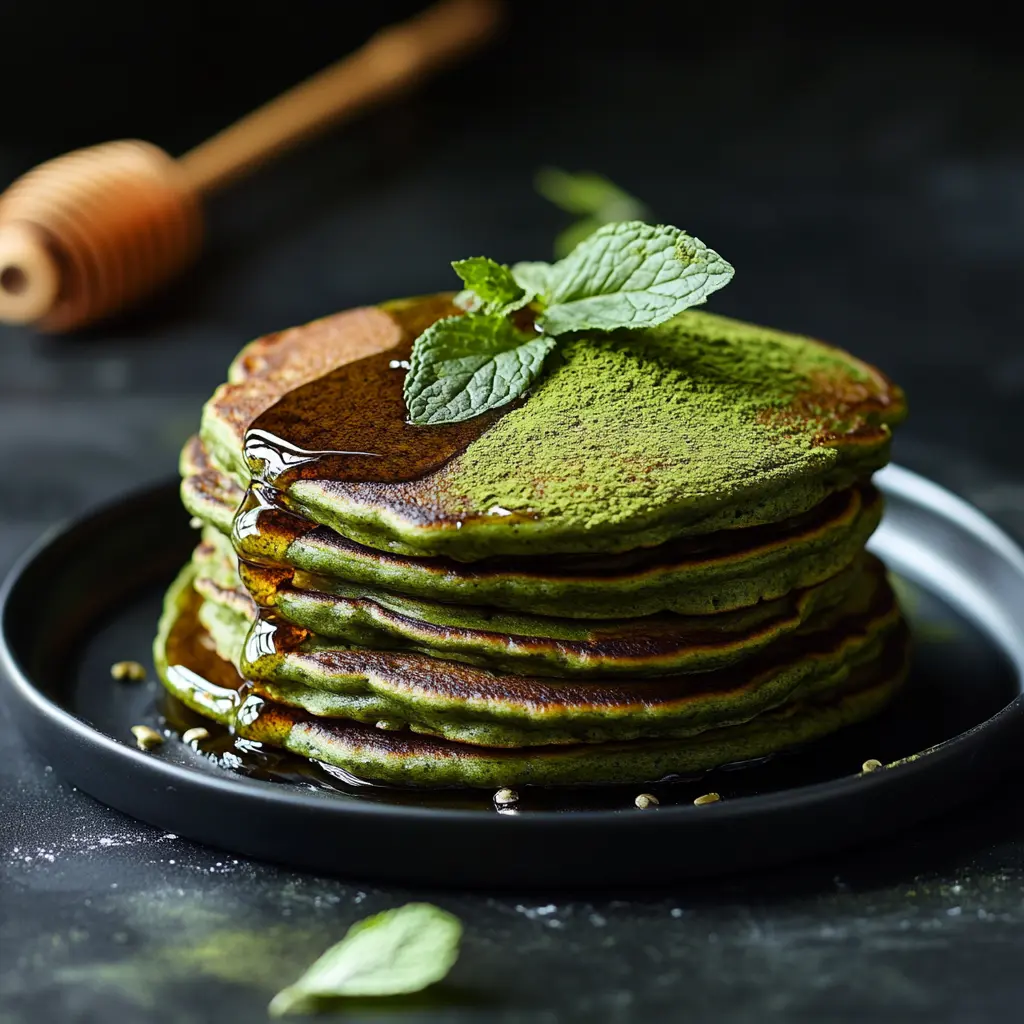 Vibrant green matcha protein pancakes stacked on a sleek black plate, dusted with matcha powder, drizzled with honey, and garnished with fresh mint leaves.