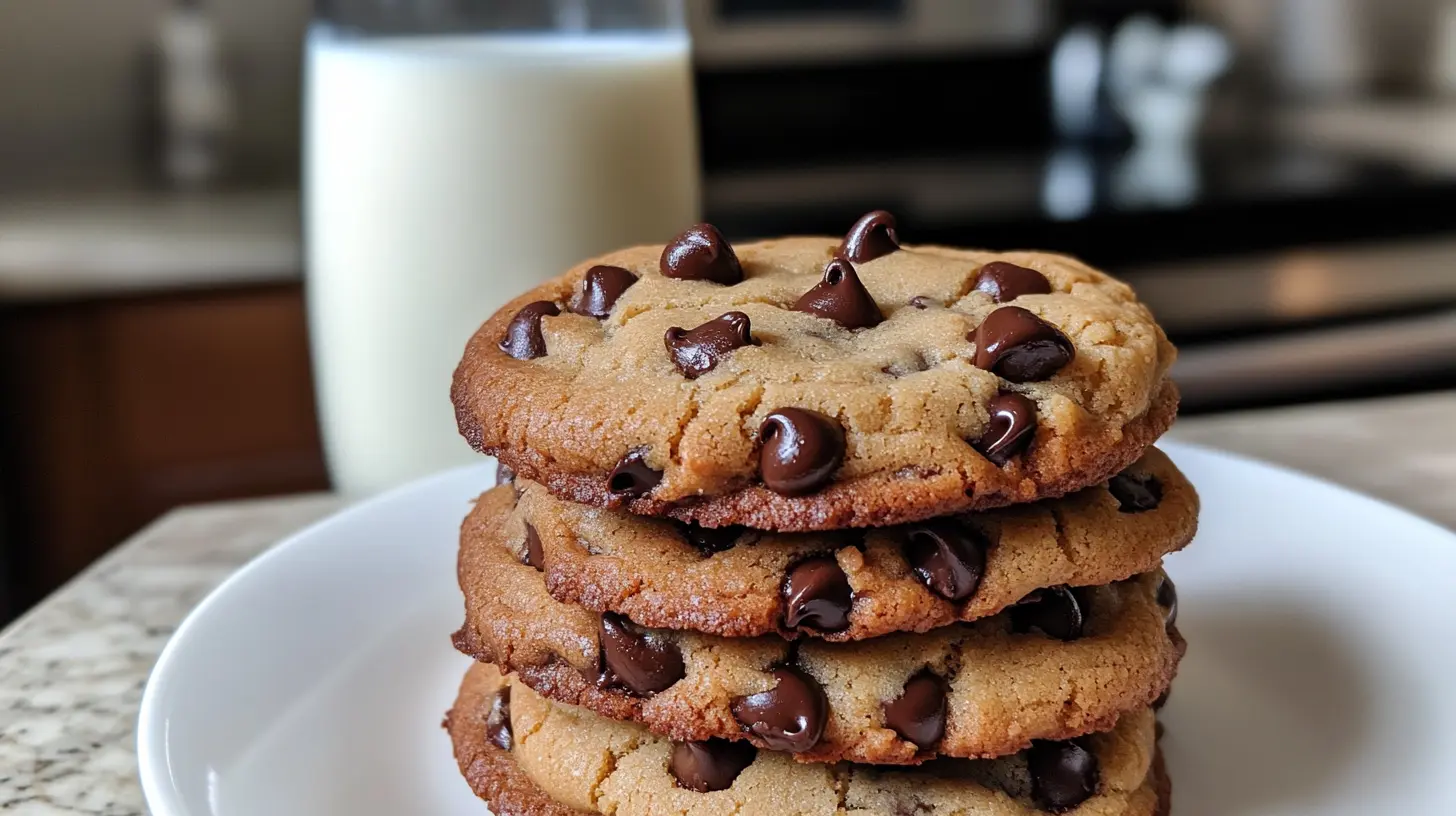 A stack of freshly baked Nestle chocolate chip cookies on a plate with chocolate chips scattered around.