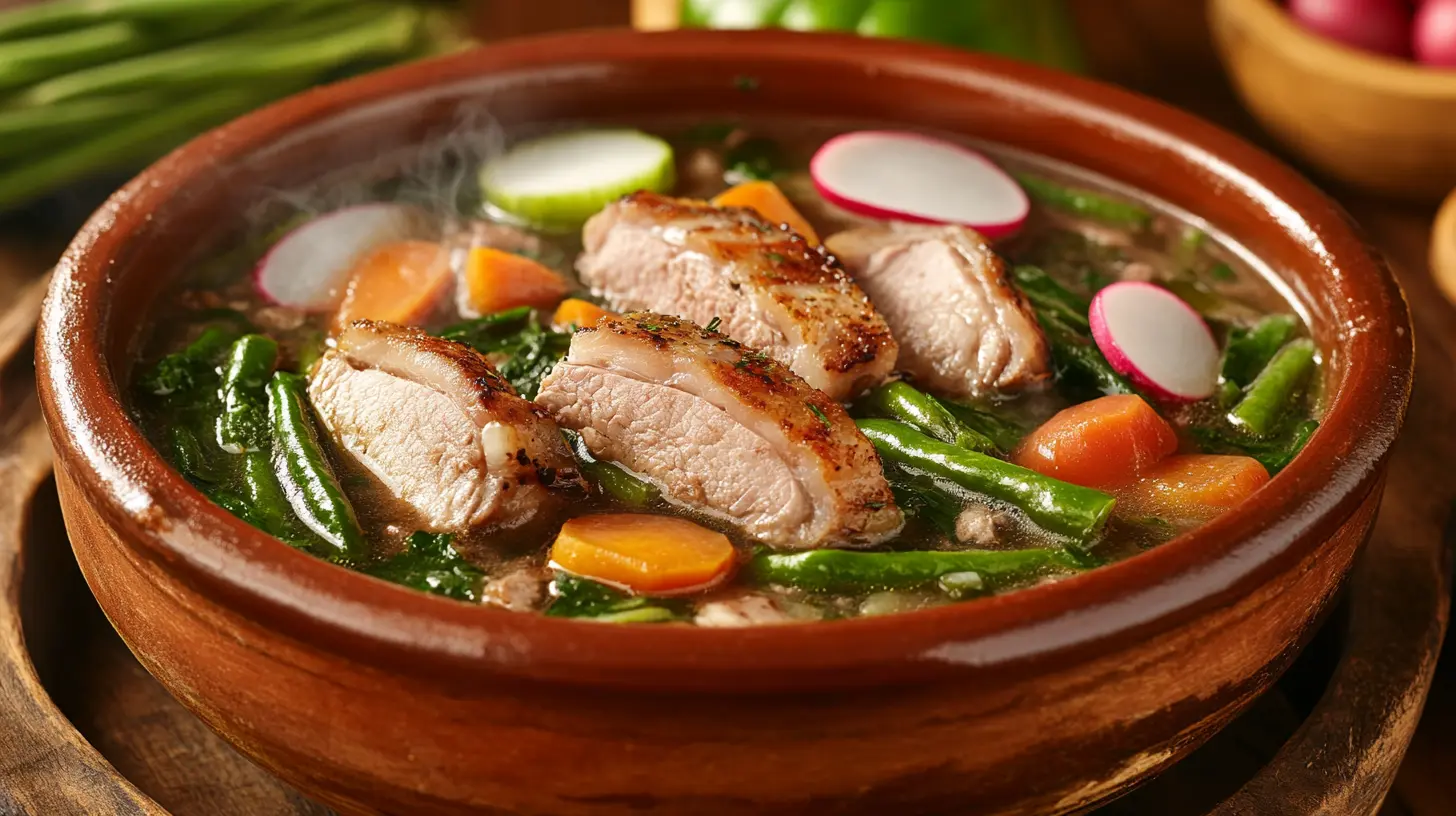 A steaming bowl of Sinigang with pork and vegetables.