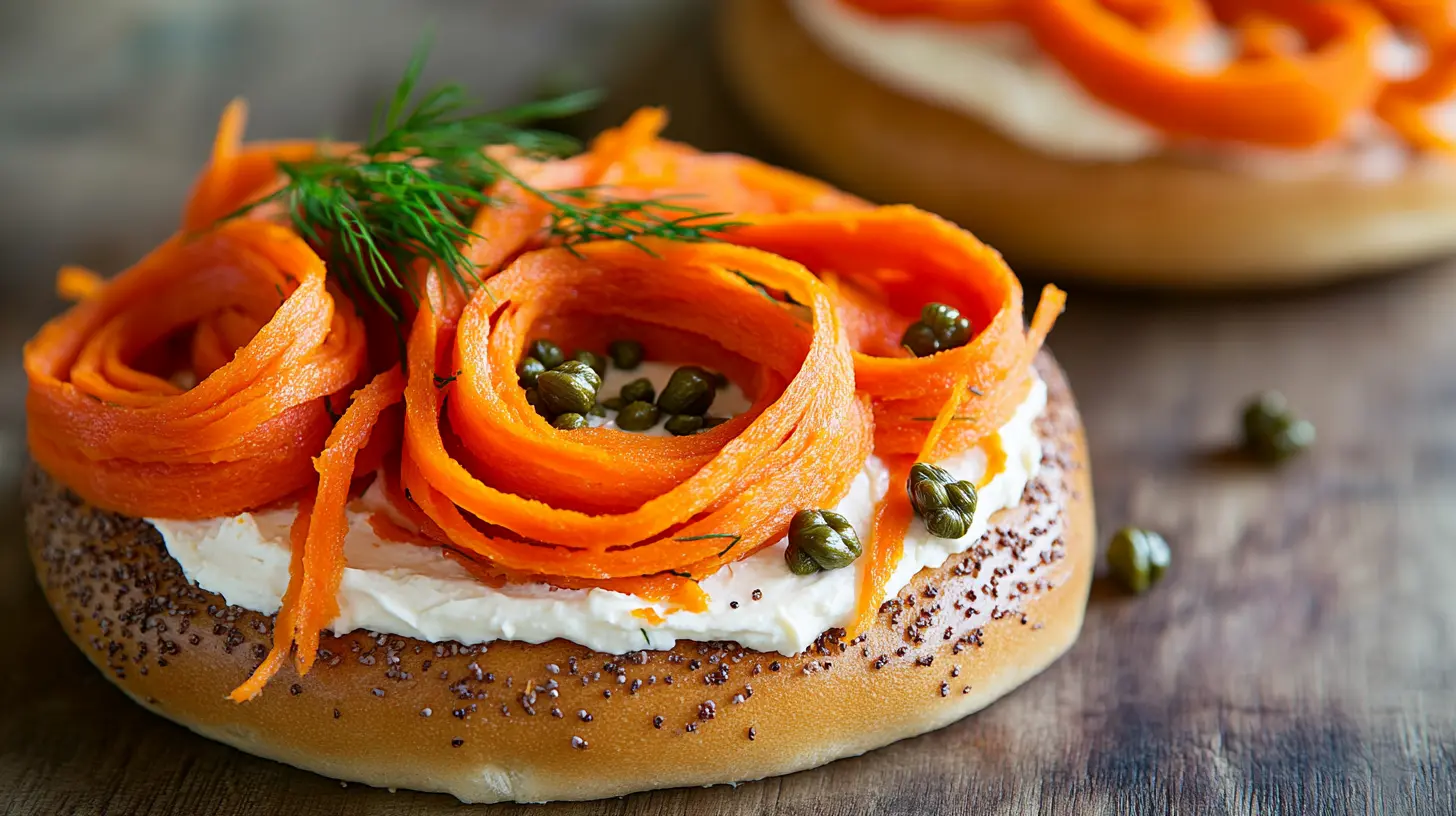 A plate of carrot lox with cream cheese and fresh dill on a bagel.