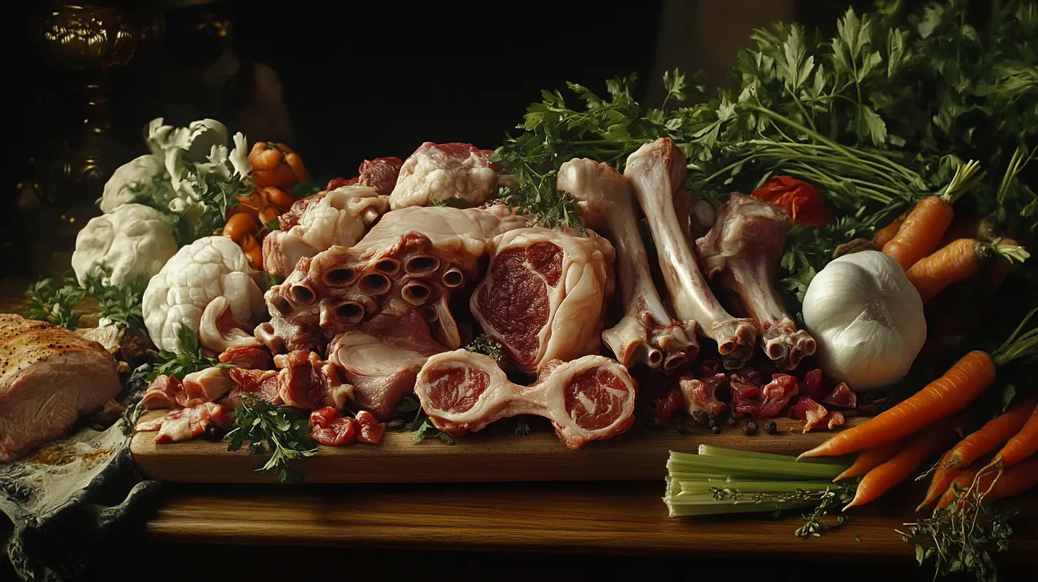 A variety of soup bones arranged on a cutting board.