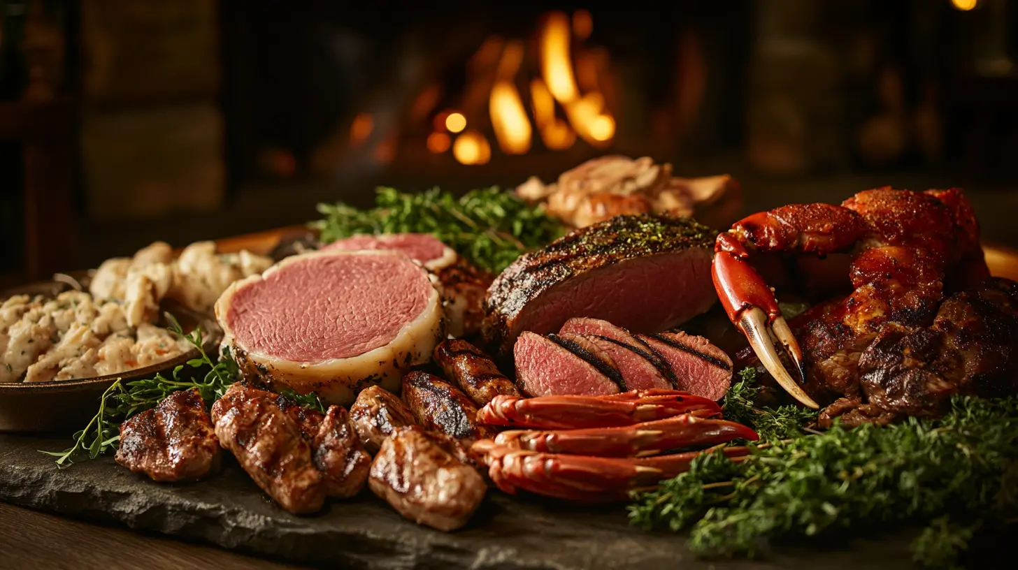 A vibrant assortment of meats, including bologna, crab meat, and bison steak, on a rustic wooden table.