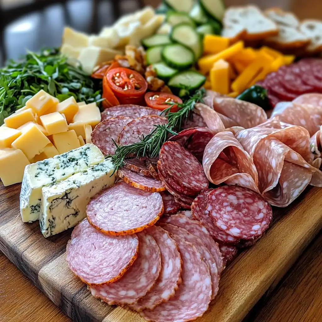 A variety of lunch meats displayed on a wooden board with fresh vegetables, bread, and cheese.