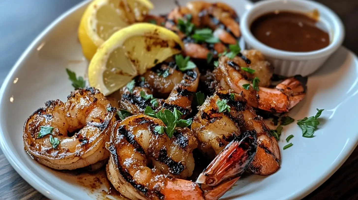 A close-up of juicy BBQ shrimp served on a white plate, garnished with parsley and paired with a side of lemon wedges.