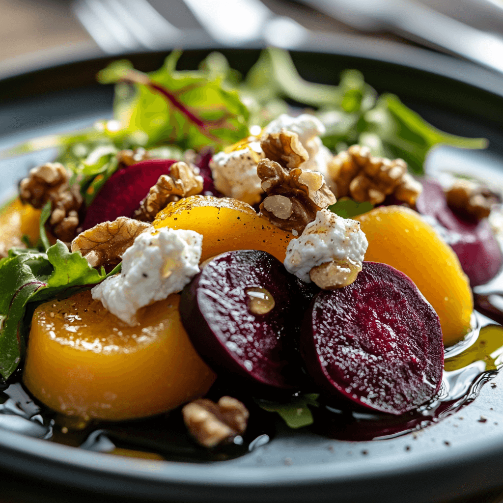 A vibrant Balthazar beet salad with greens, goat cheese, and walnuts.