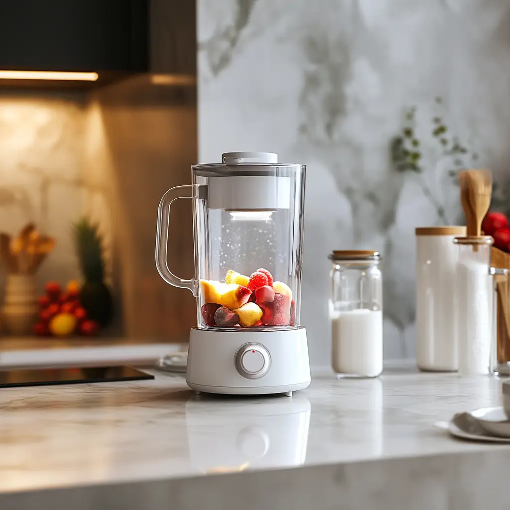 A high-powered blender with frozen dessert ingredients on a kitchen counter.