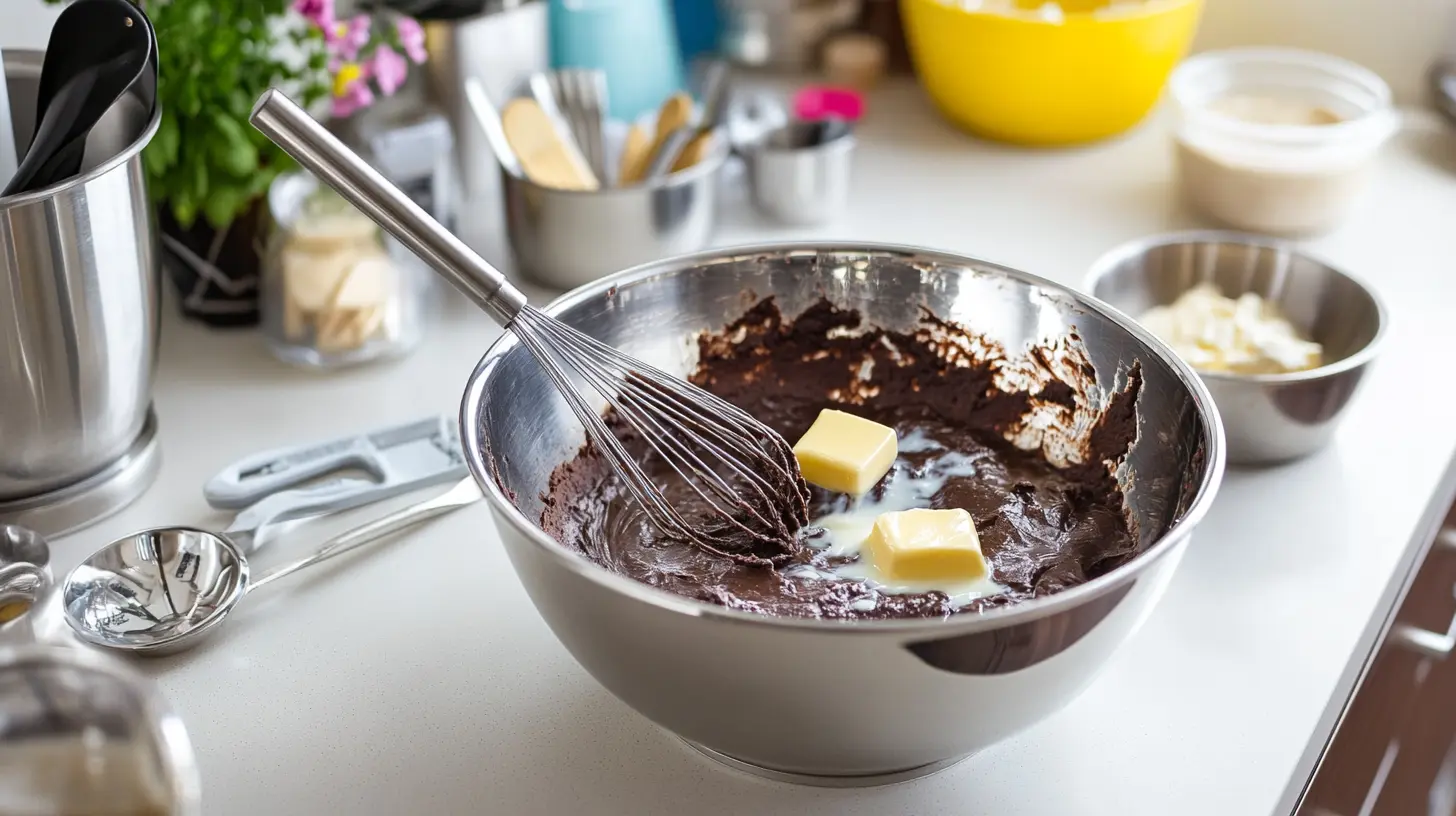 A mixing bowl with brownie batter and melted butter being stirred in.