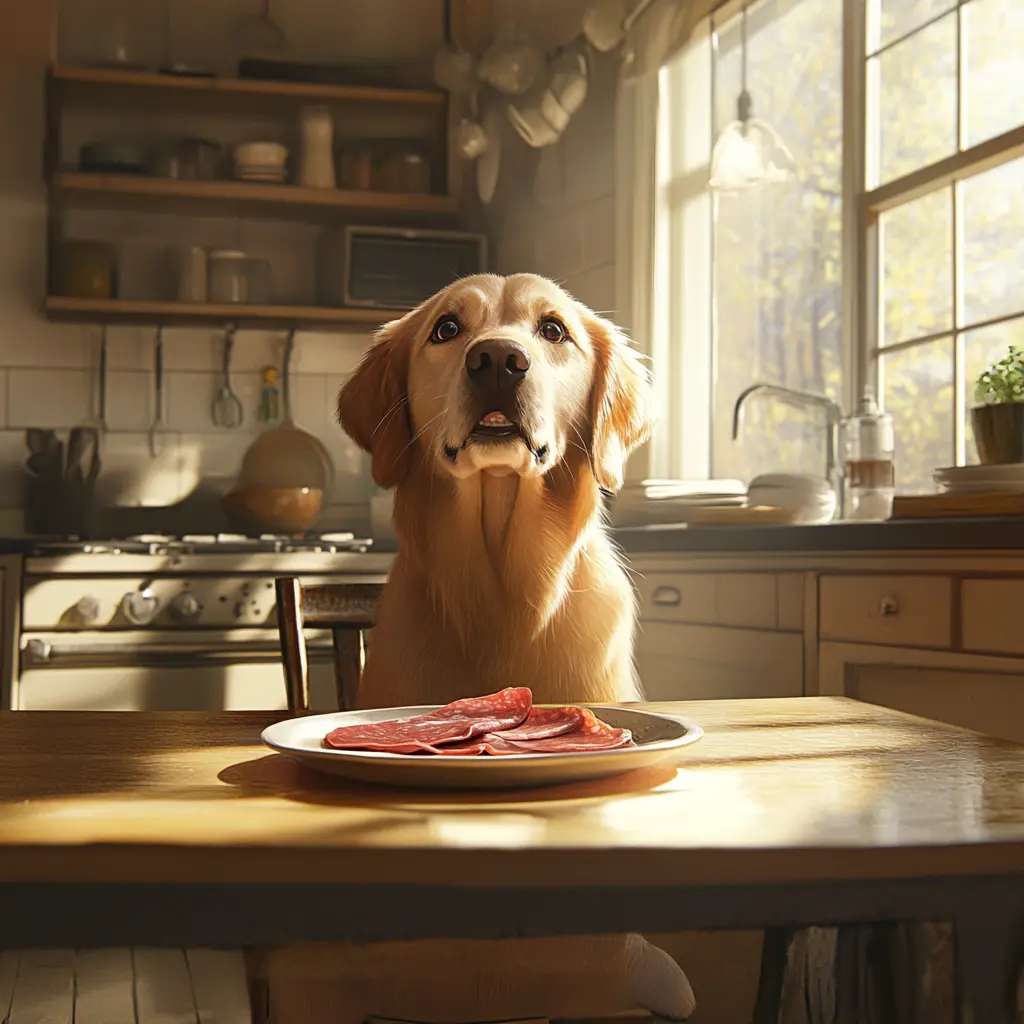 Golden retriever looking at a plate of deli meats with owner nearby.