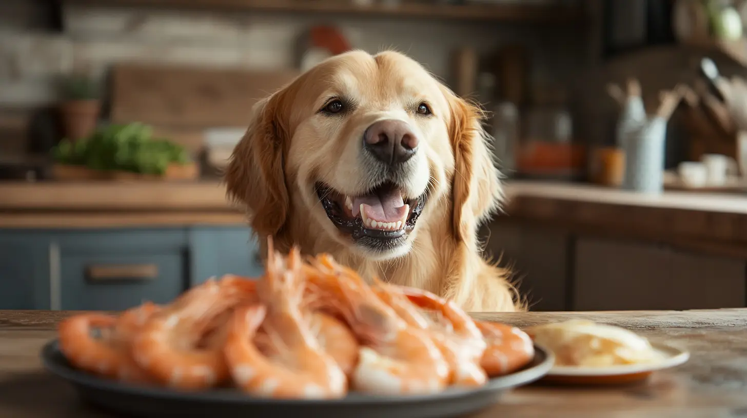 A golden retriever sitting near a plate of cooked shrimp