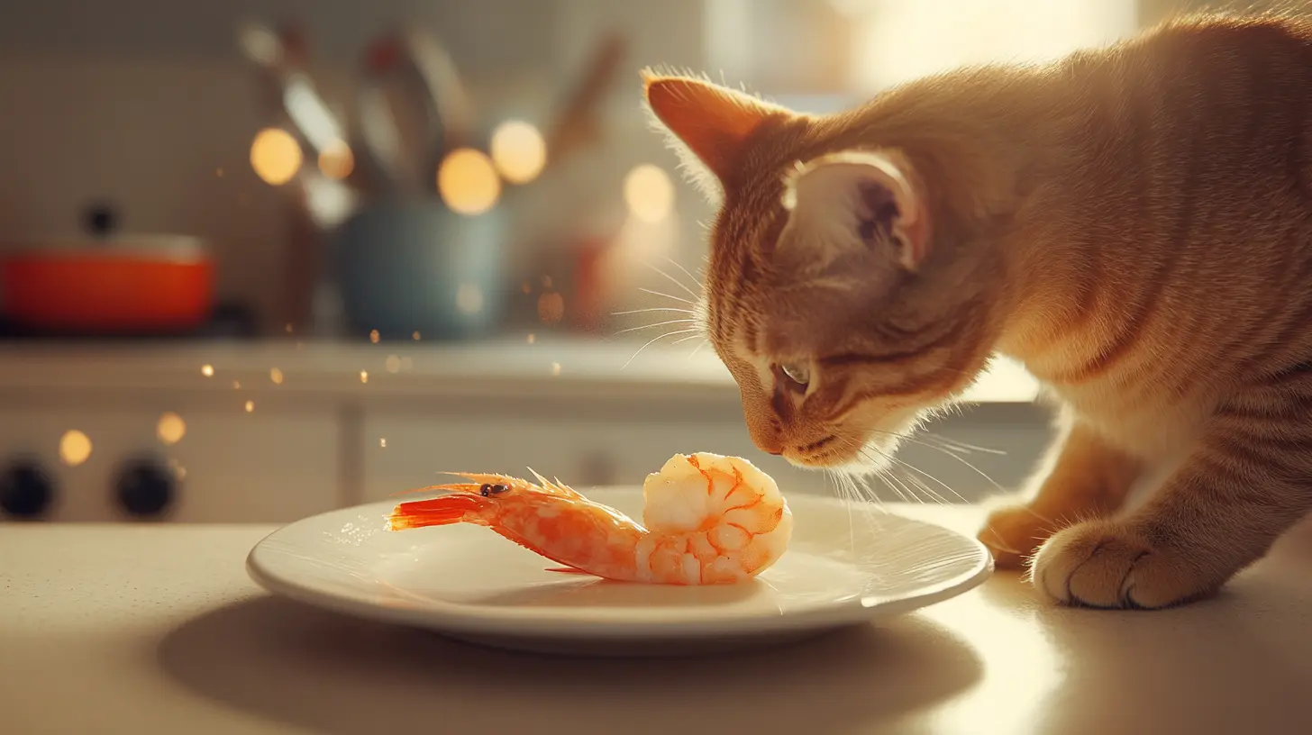 A curious cat sniffing a piece of shrimp on a plate