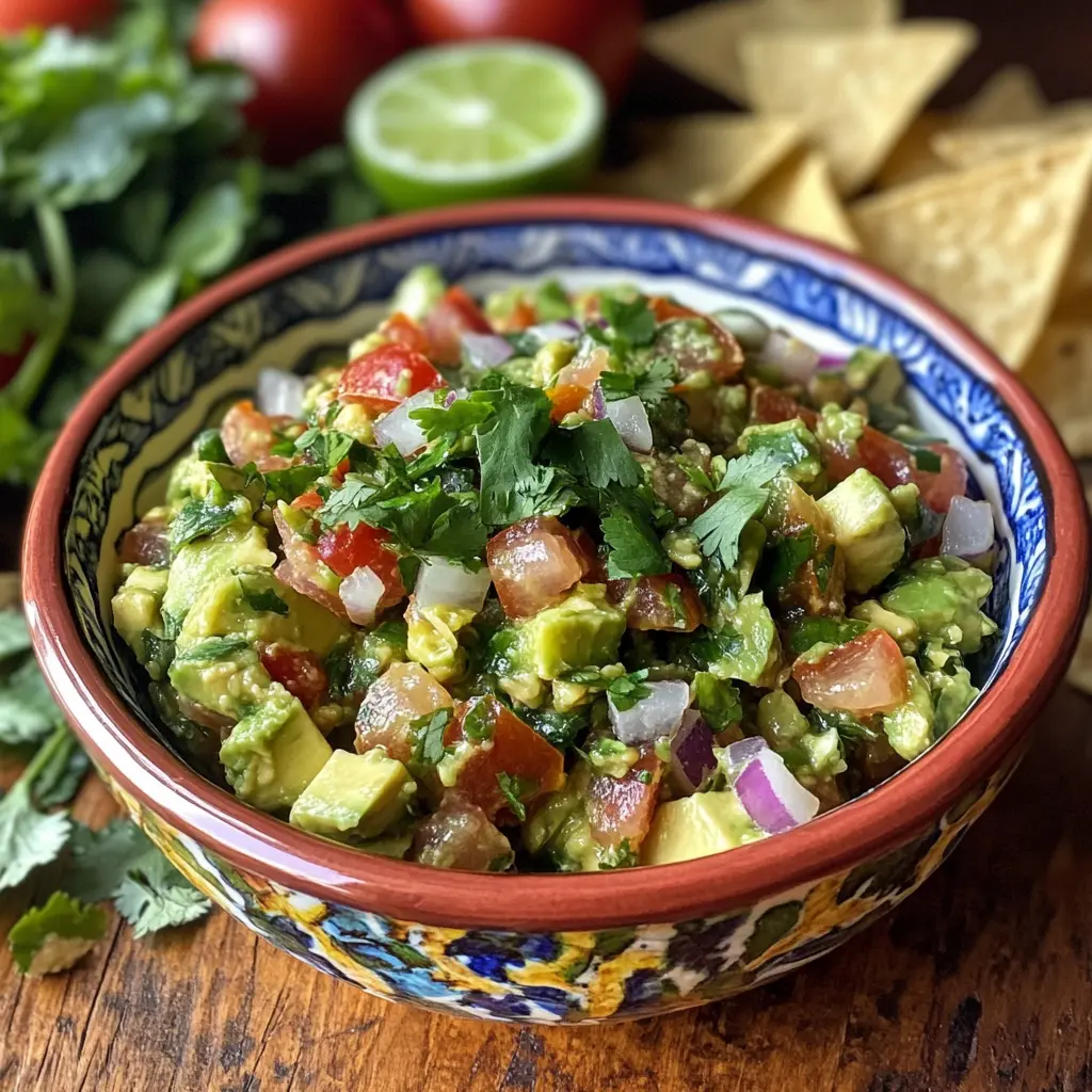 Bowl of chunky guacamole surrounded by fresh ingredients