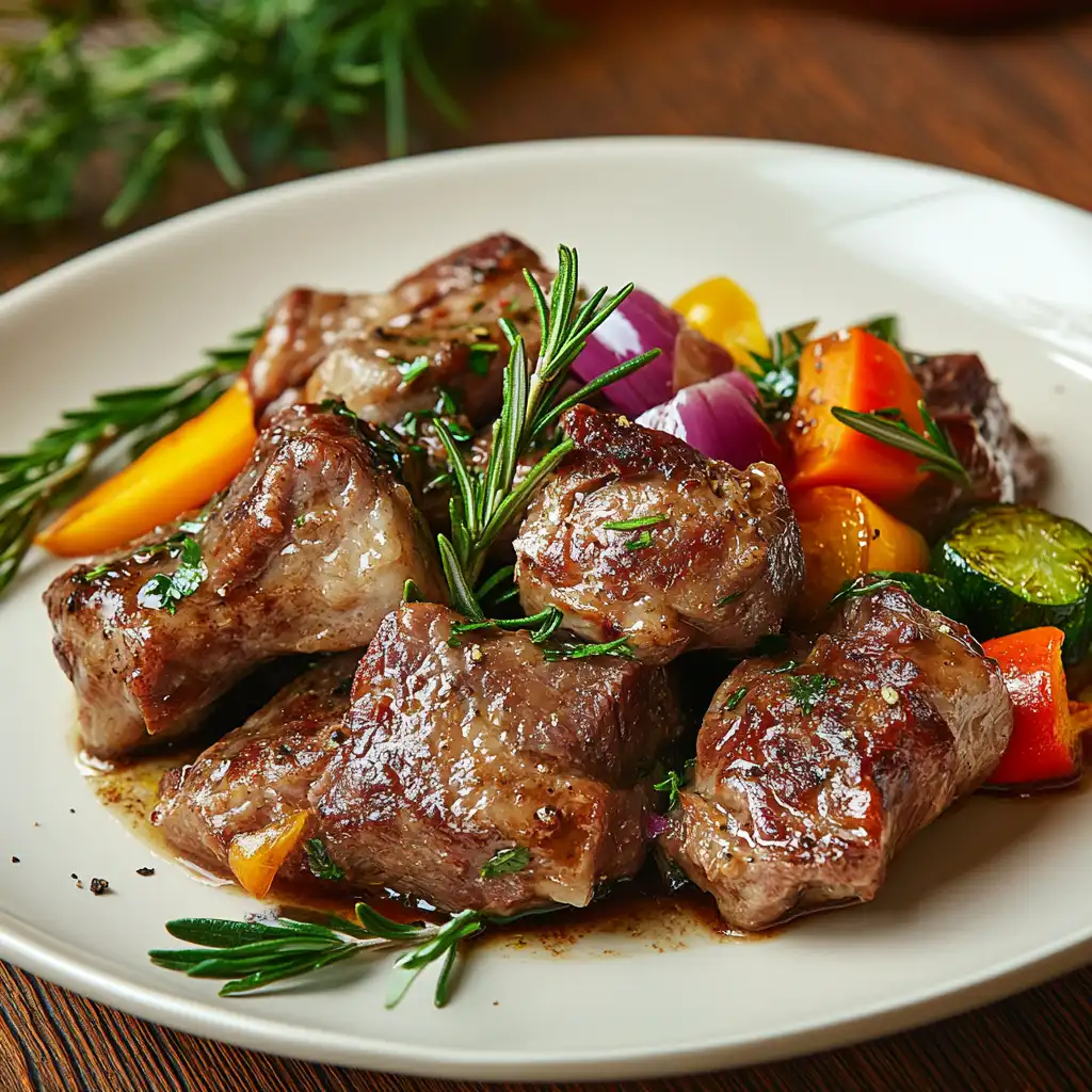 A serving of cooked goat meat garnished with herbs and vegetables.