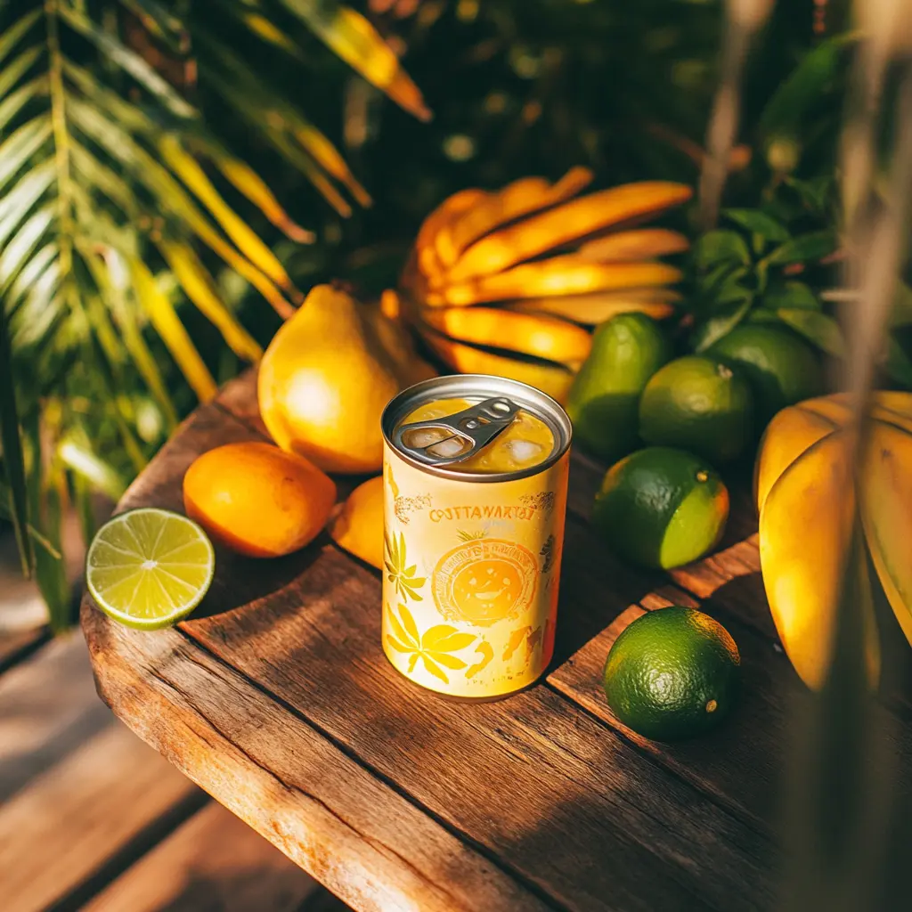 A can of Cutwater Mango Margarita on a tropical-themed table.