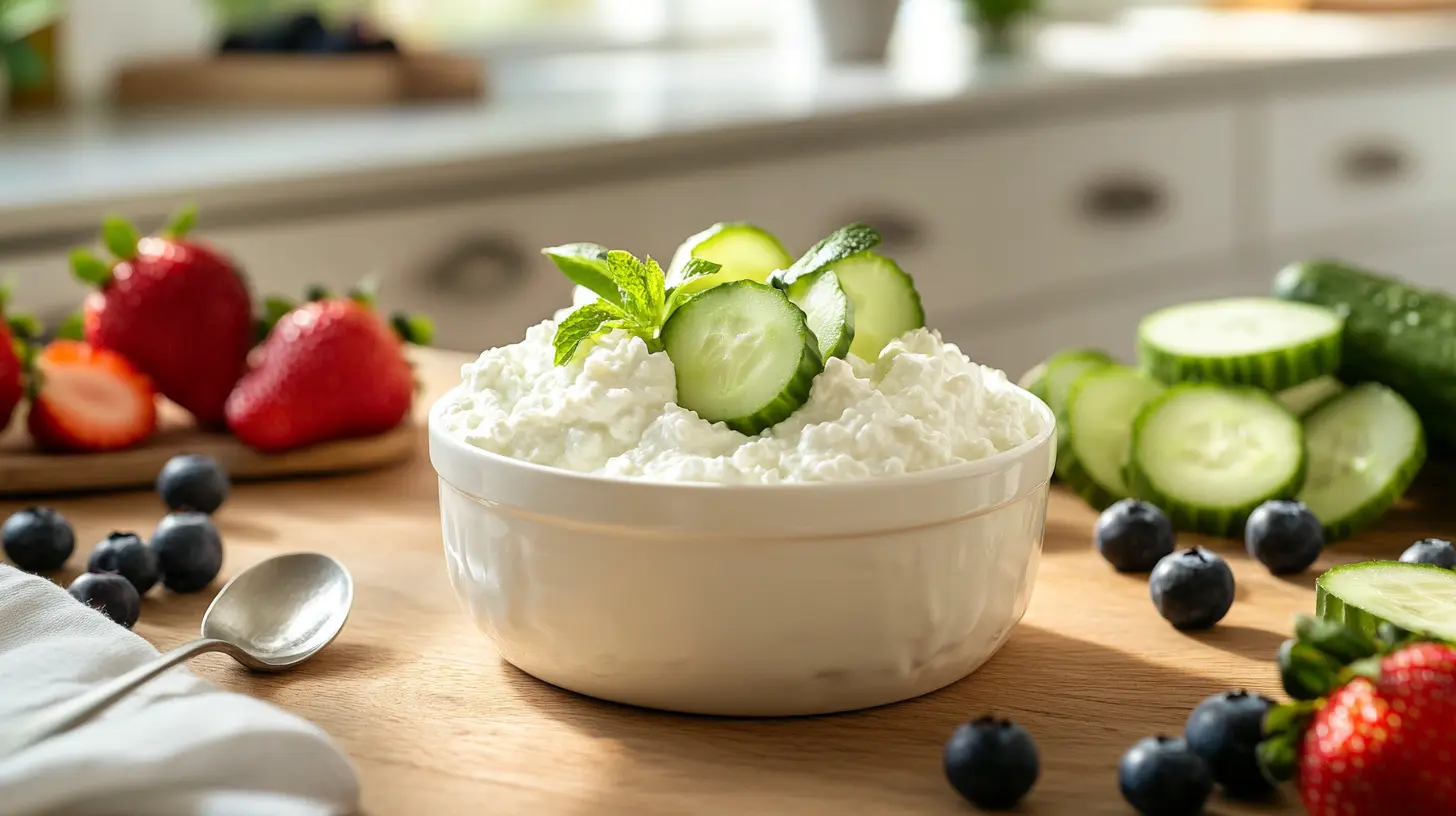 A container of Daisy Cottage Cheese next to fresh fruits and vegetables.