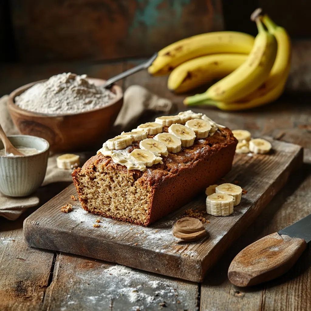 A freshly baked loaf of gluten-free banana bread with a slice cut on a wooden board.