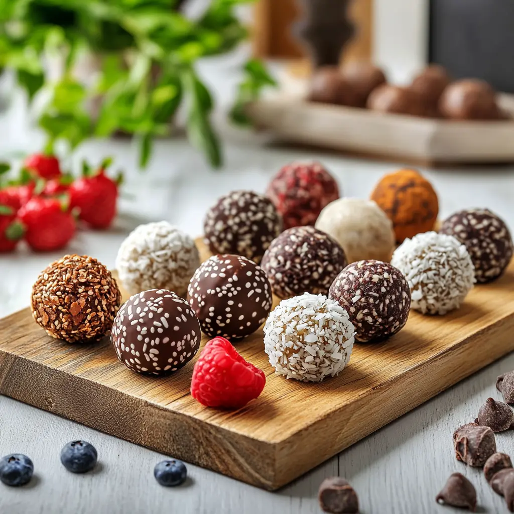 An assortment of gluten-free protein balls arranged on a tray.