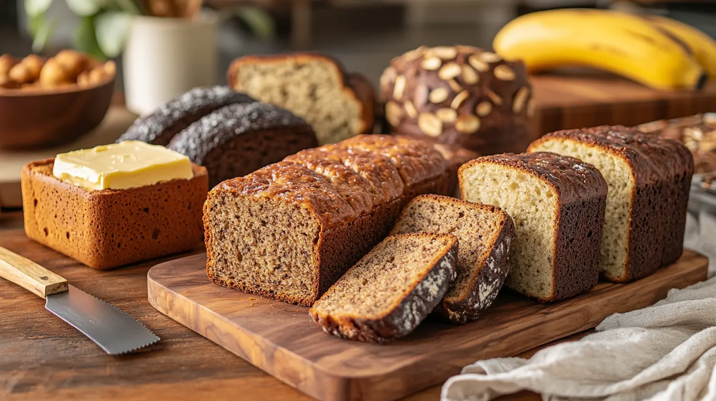 A variety of freshly baked low carb breads on a wooden table