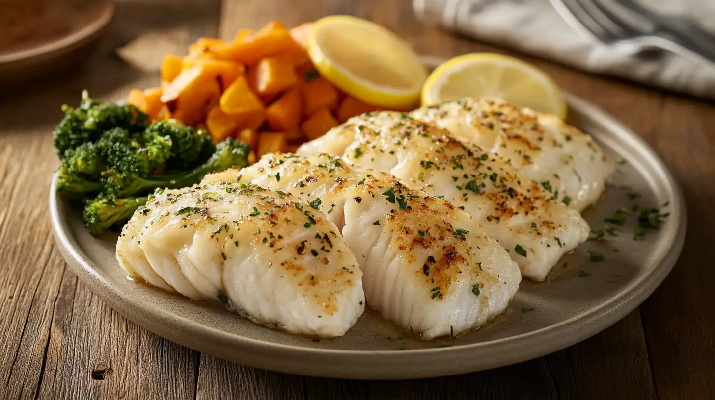 Freshly cooked rockfish fillets garnished with lemon and herbs