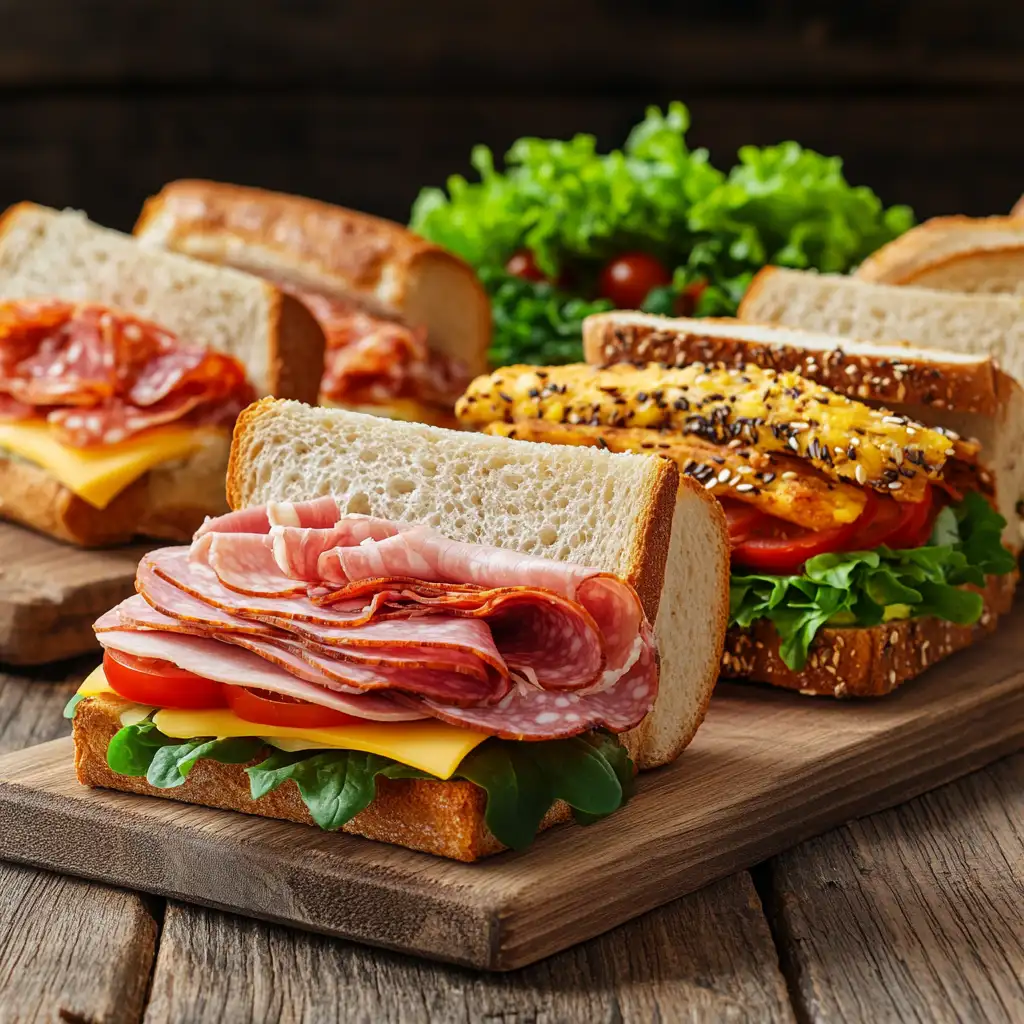 A variety of sandwiches made with different lunch meats and bread.