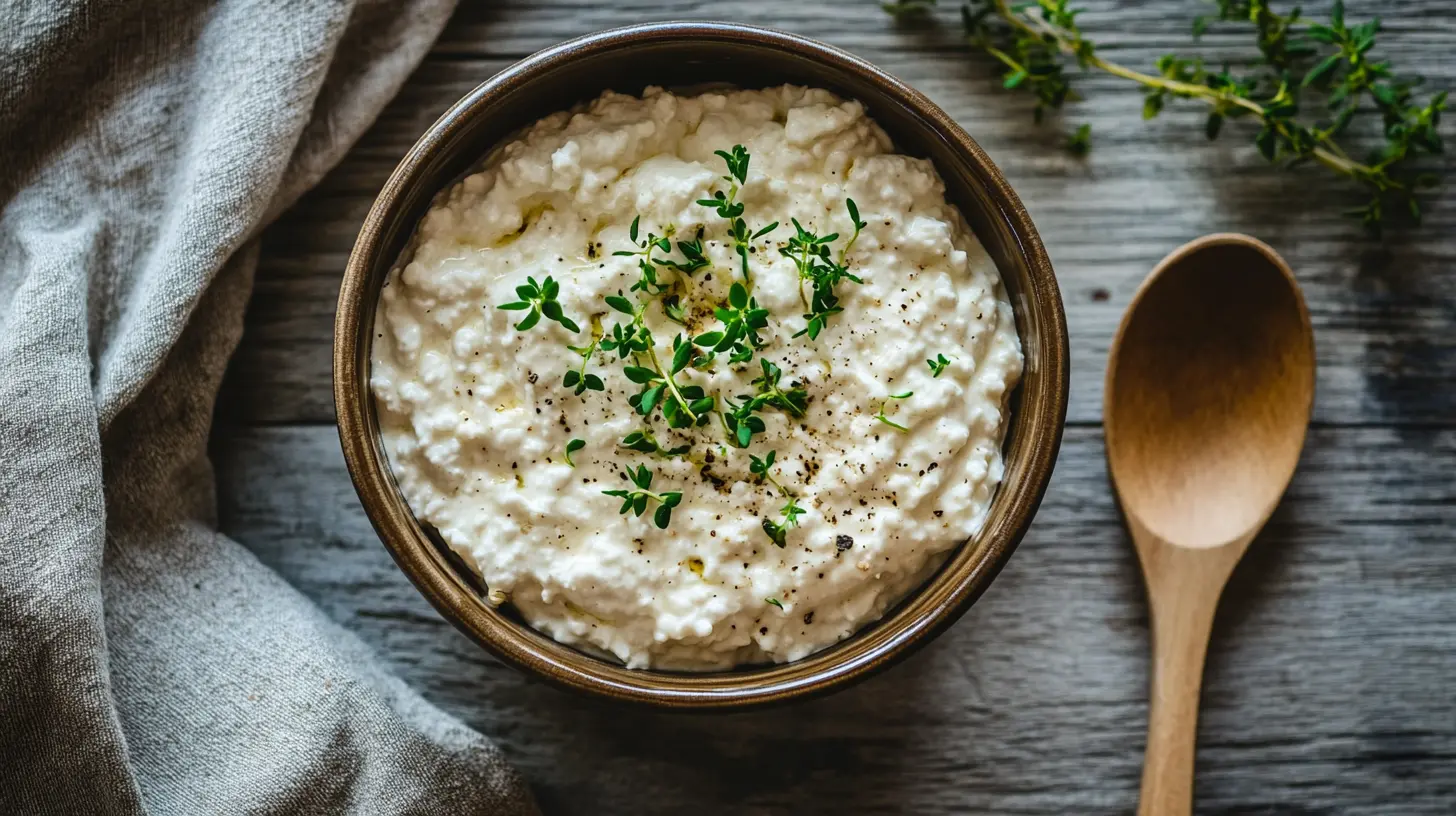 A bowl of fresh cottage cheese with a spoon and garnished with herbs