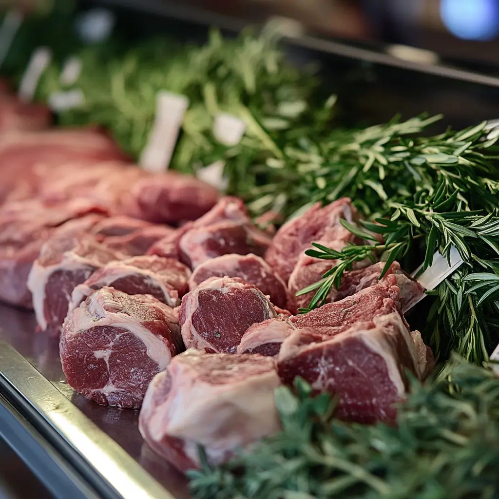 A butcher's display with fresh goat meat cuts arranged neatly.