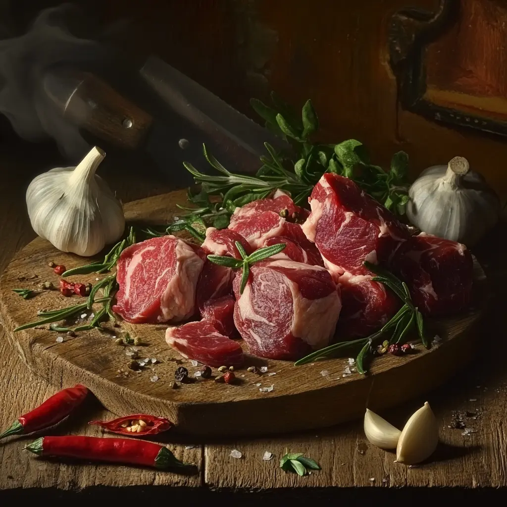 Fresh cuts of goat meat on a wooden cutting board with herbs and spices.