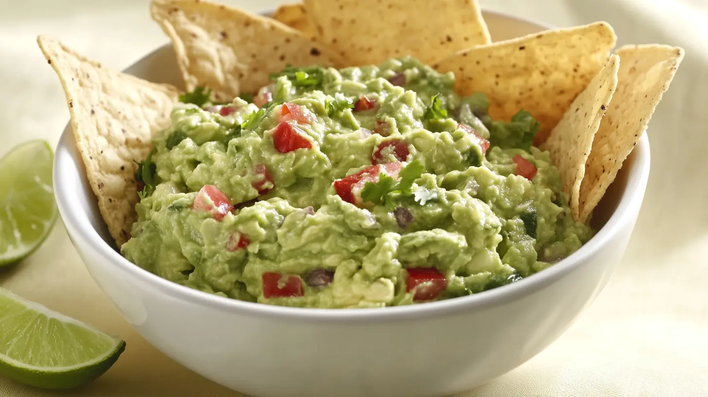 Fresh guacamole served in a bowl with tortilla chips and lime wedges