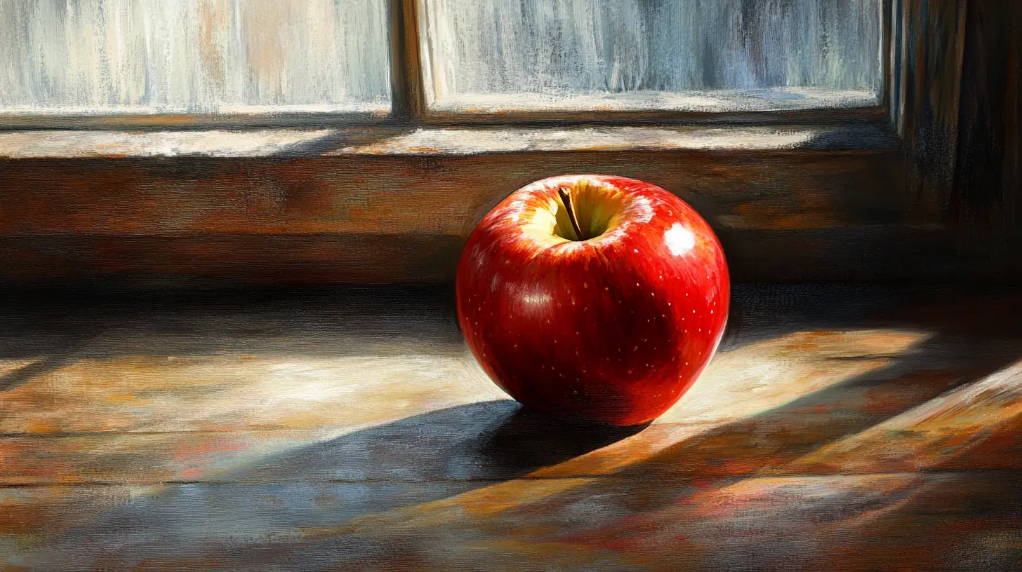 A vibrant, glossy Red Delicious apple on a wooden table with sunlight streaming in.