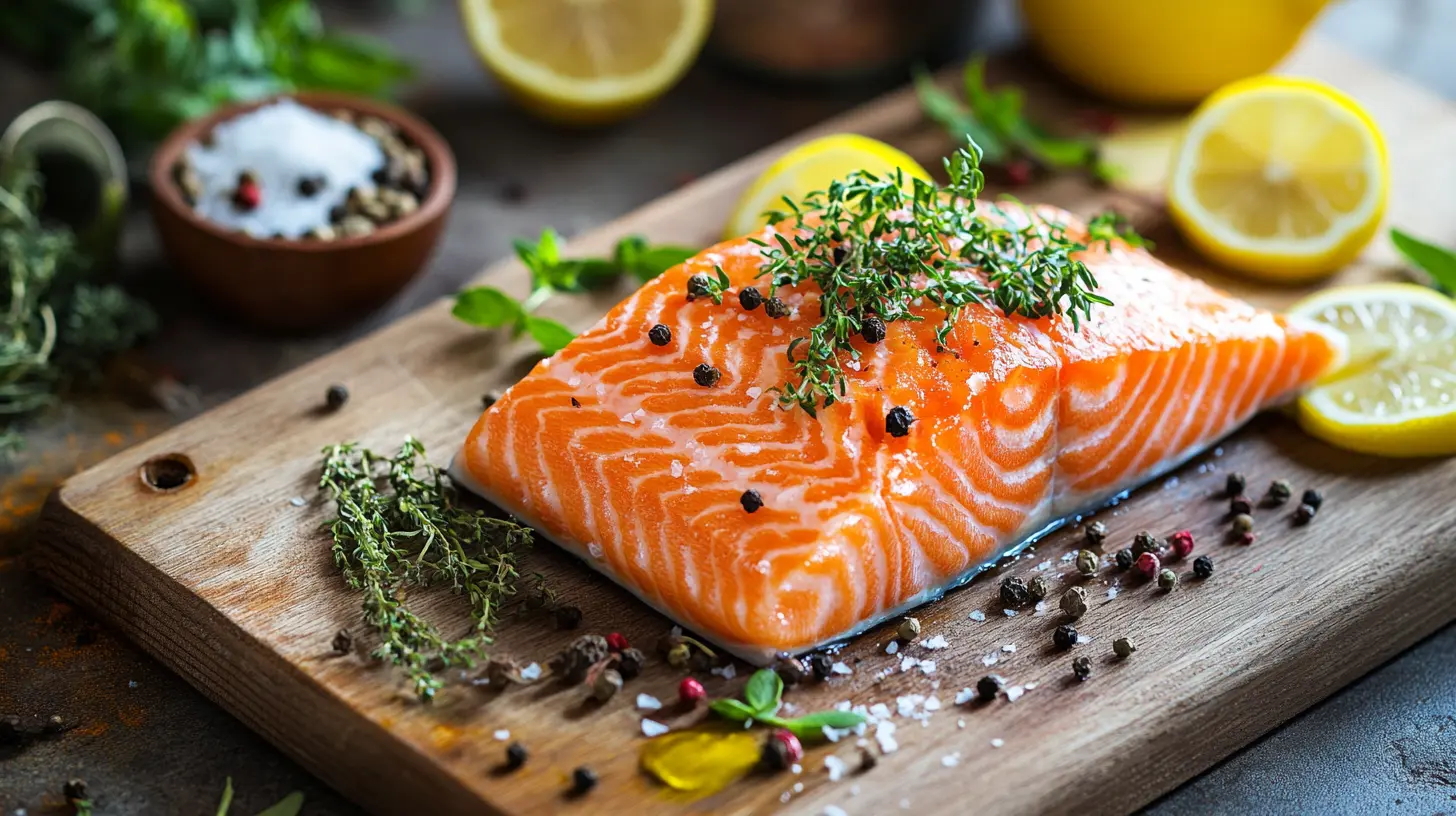 Fresh salmon fillet on a wooden cutting board.