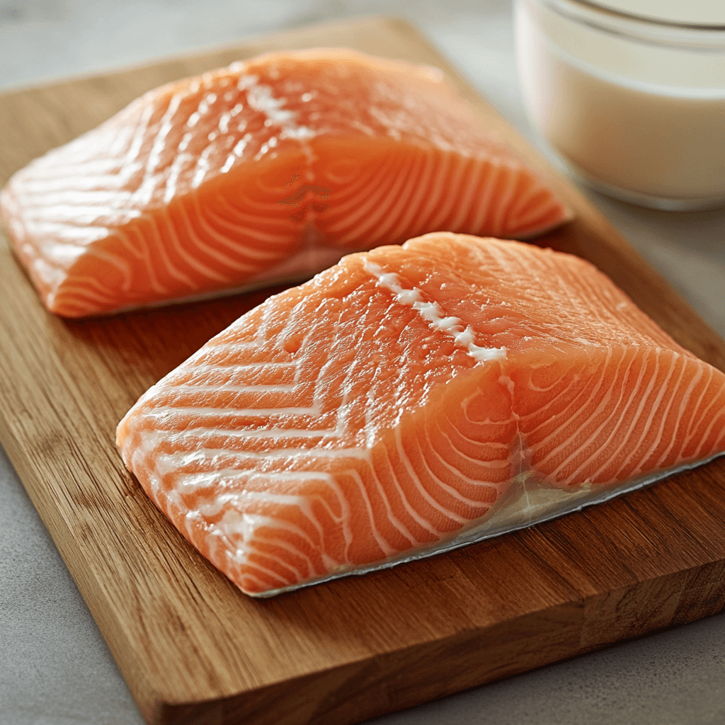 Fresh salmon fillets on a wooden cutting board with a bowl of milk