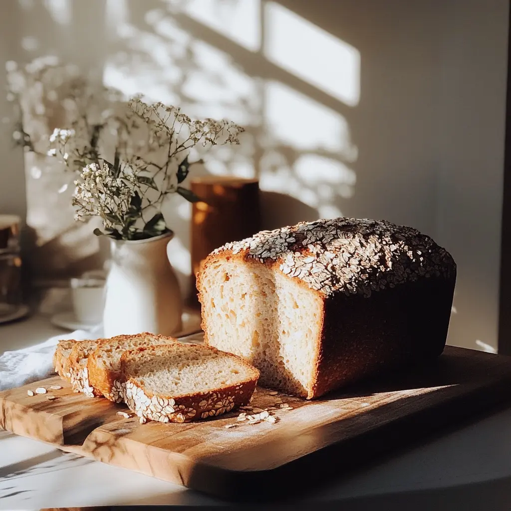 Freshly baked high-protein gluten-free bread on a wooden cutting board.