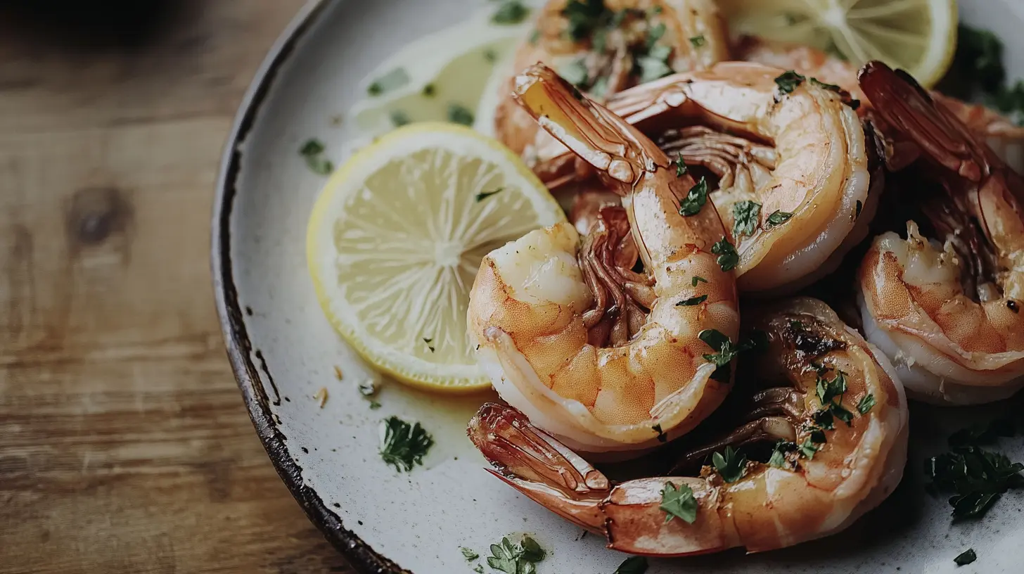 A plate of golden seared shrimp with butter and herbs