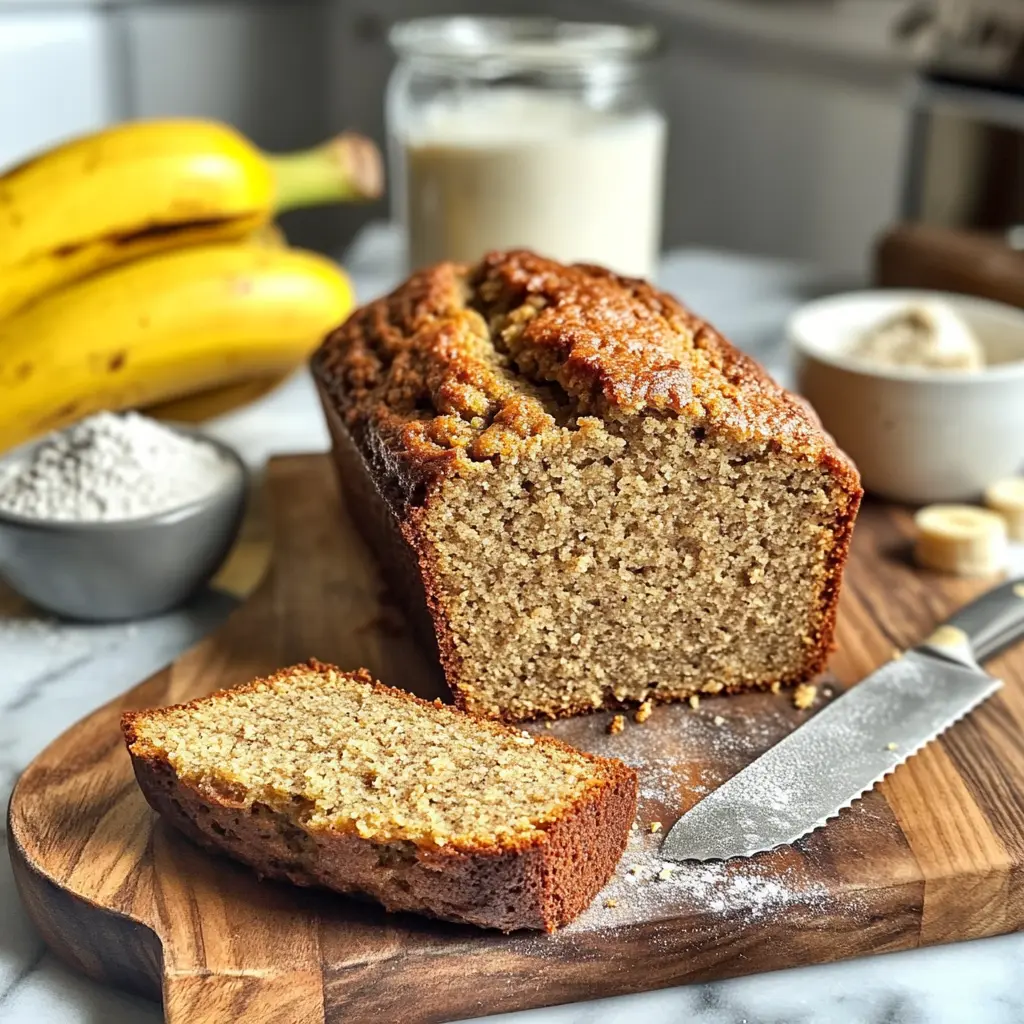 Freshly baked gluten-free banana bread on a wooden board