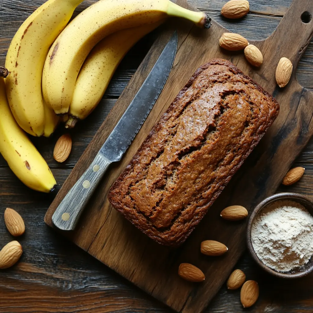 A loaf of gluten-free banana bread on a wooden cutting board surrounded by bananas and a knife.