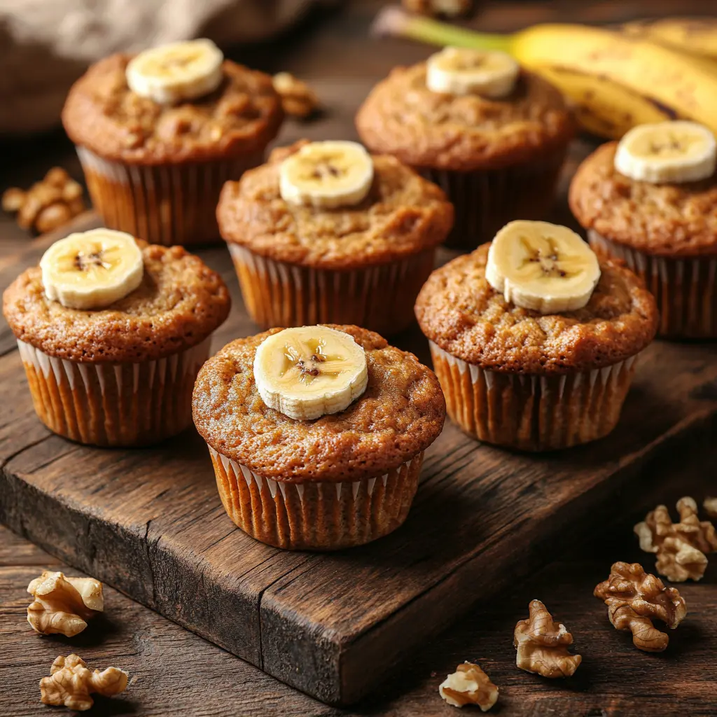 Freshly baked gluten-free banana nut bread muffins on a wooden table.