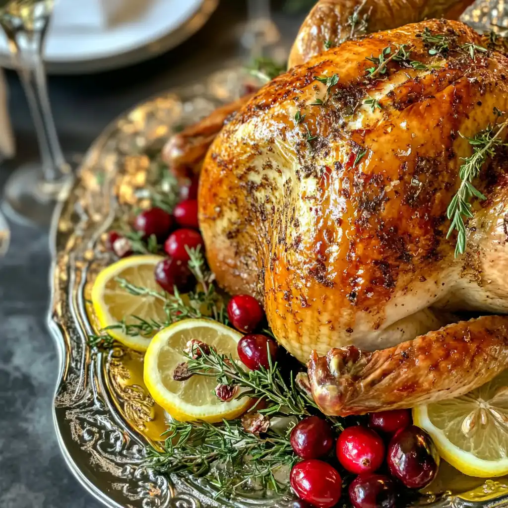 A beautifully roasted Butterball turkey served on a platter with holiday garnishes.