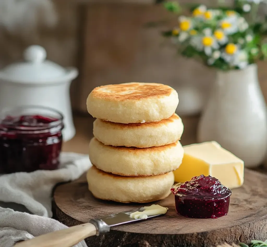 A stack of golden-brown gluten-free English muffins on a rustic table.