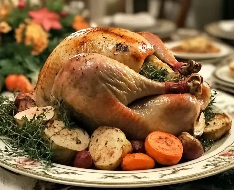 A festive gluten-free turkey dinner spread with a golden turkey, roasted vegetables, and gluten-free sides.