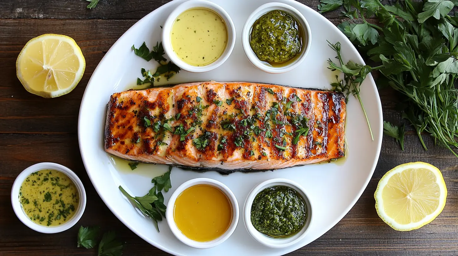 A gourmet salmon dish with various sauces displayed elegantly on a wooden table.