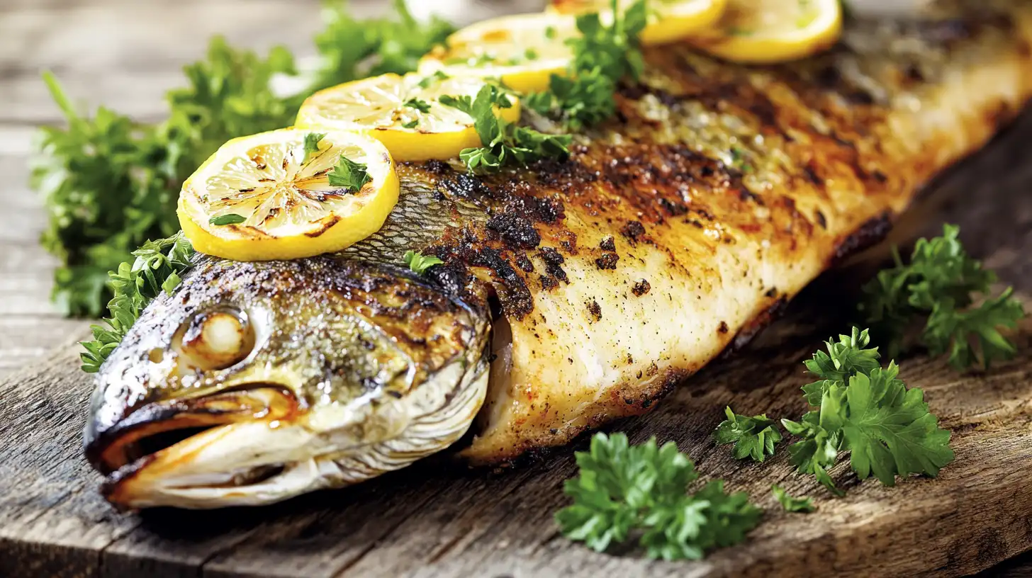 A beautifully grilled branzino on a platter with crispy skin, garnished with lemon slices and fresh herbs.