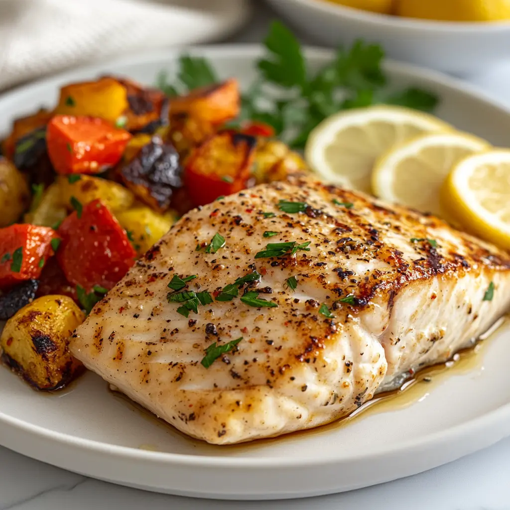 A grilled rockfish fillet served with lemon slices and herbs.