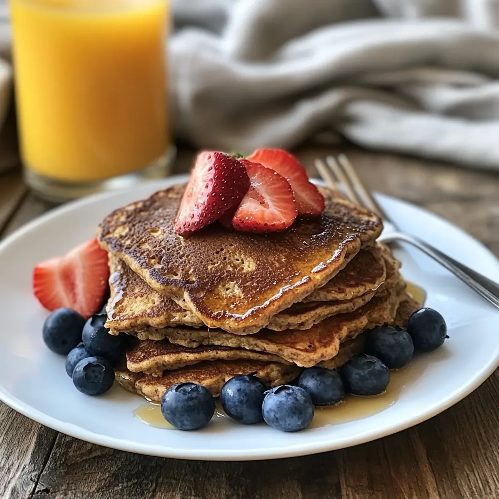 Stack of protein pancakes topped with fresh berries and honey.