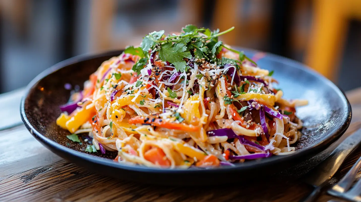 A colorful plate of Skinny Pasta topped with fresh vegetables and herbs.